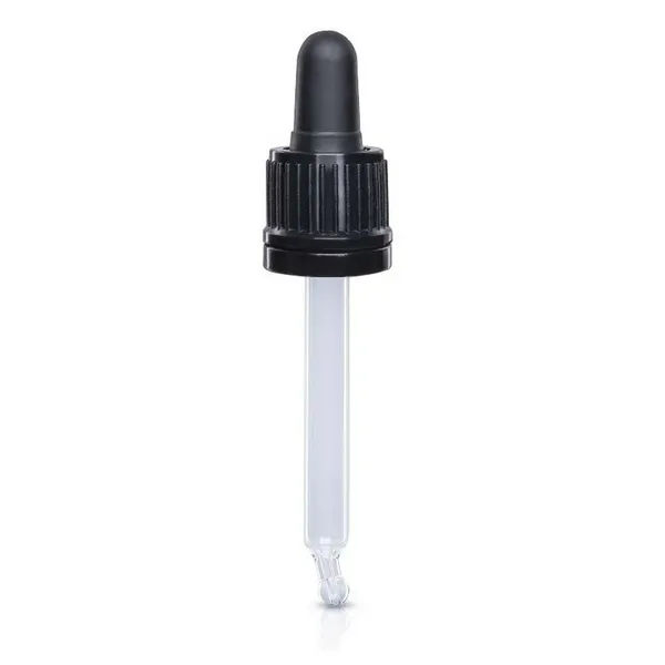 Zatvarač za bocu kapalicu 50 ml, DIN 18, crni, sig. prsten, staklena pipeta